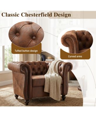 Chesterfield Club Chair with Scrolled Arms, Nail head Trim, and Solid Wood Legs