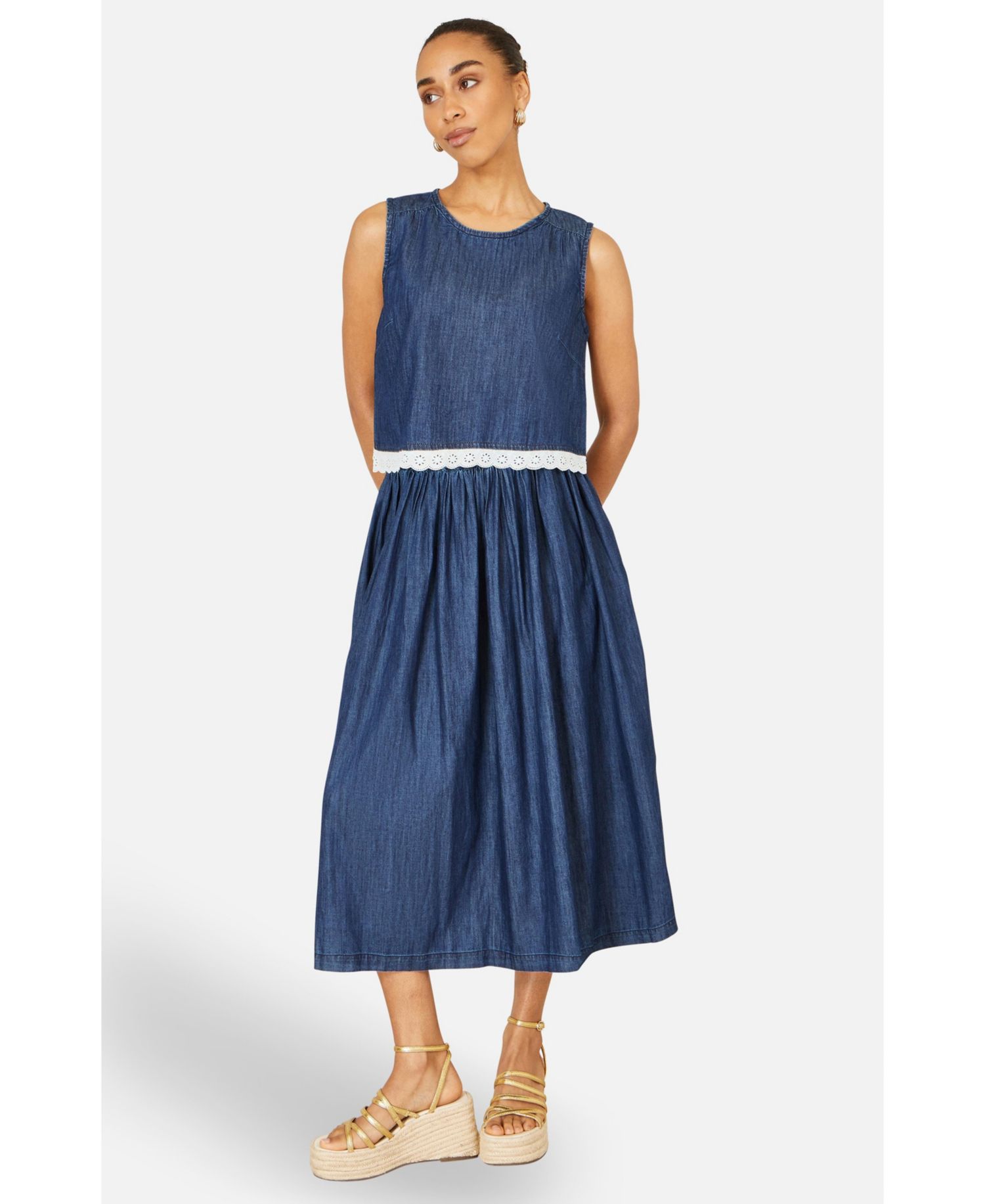 Women's Denim Chambray Gathered Midi Skirt
