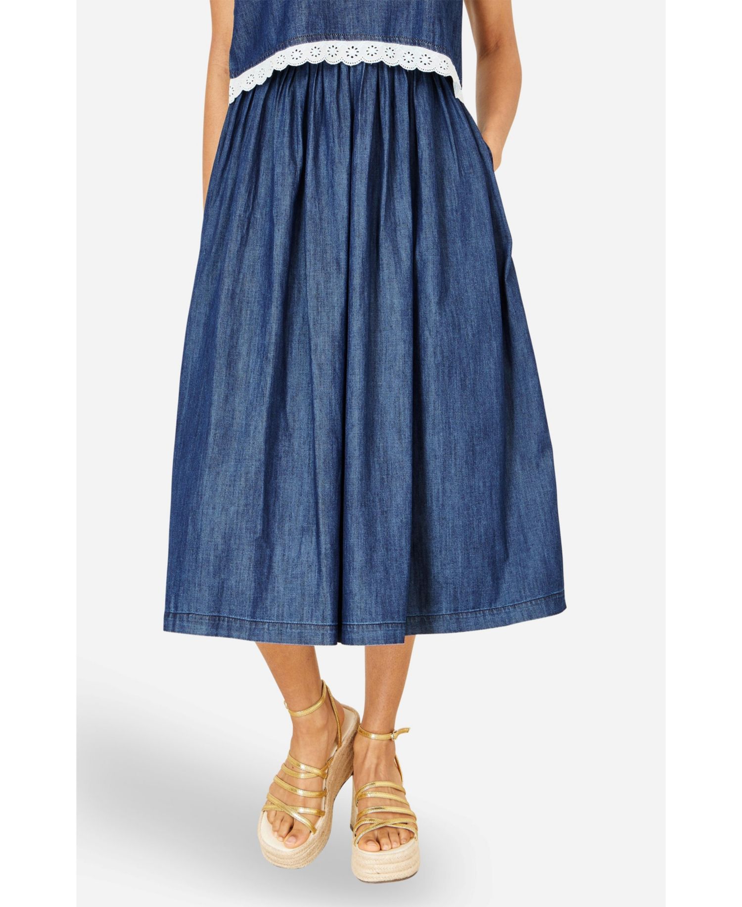 Women's Denim Chambray Gathered Midi Skirt