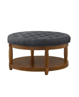 Large Tufted Linen Ottoman Coffee Table with Solid Wood Shelf