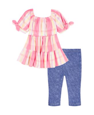 Girls' 2T-6X Puff-Sleeve Plaid Tunic Top and Capri Jeggings, 2-Piece Set