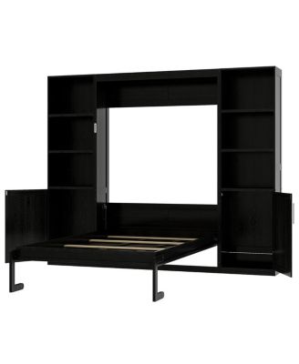 Queen size wooden Murphy Bed with Storage Shelves and Cabinets