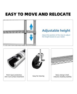 Heavy Duty Garment Rack on Wheels, 3 Tiers Adjustable Wire Shelving, Clothes Rack with 1 Rods and Side Hooks for Bedroom and Wardrobe, Chrome