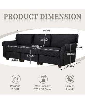 94" 3-Seater Corduroy Sofa Couch with Deep Seats & Removable Cushions