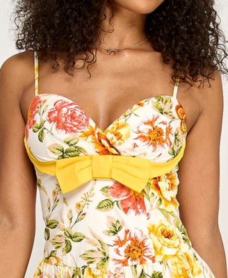 Juniors' Floral Sweetheart Bodice Gathered Midi Dress