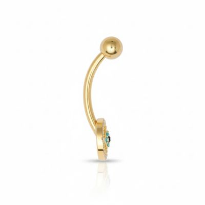 Solid 10k Yellow Gold 14G Blue Cubic Zirconia Evil Eye Belly Ring