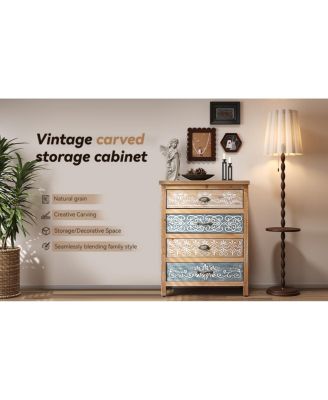  Vintage 4-Drawer Chest with Distressed Wood & Ornate Pattern Design