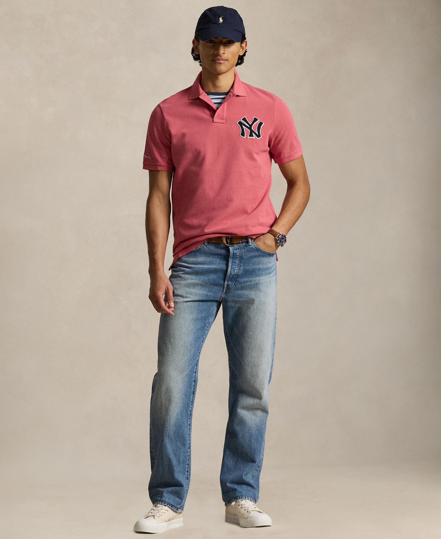 Мужское поло Polo Ralph Lauren Yankees Logo Mesh Polo Shirt, цвет: Ягодный — фото 2