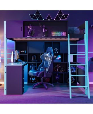 Full Size Wood Loft Bed with Desk, Ample Storage Space and Light