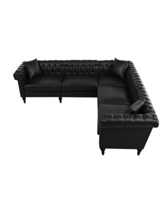 Reversible L-Shaped Chesterfield Sofa with Rolled Arms & Nailhead PU Leather