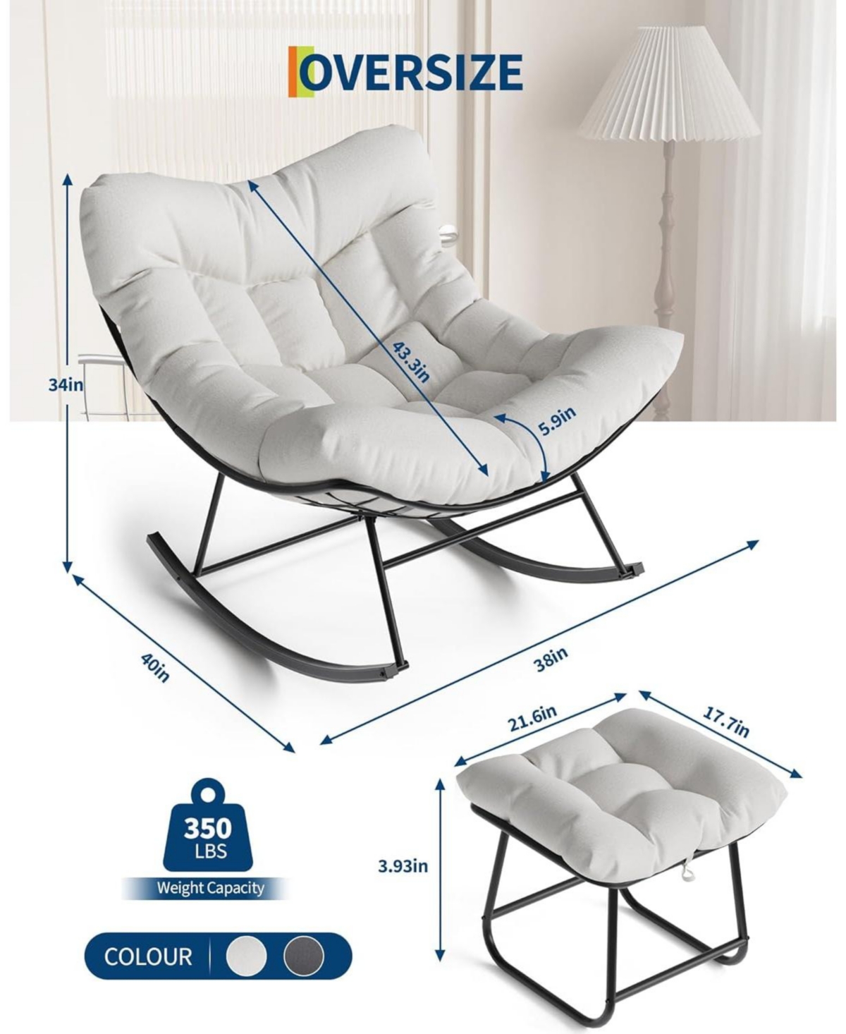 gaomon CuisinSmart Patio Rocking Chair, Outdoor Oversized Papasan Rocking Chair , 450lb Capacity, All-Weather Pe Rattan Egg Rocker for Porch