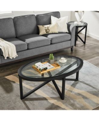 Tempered Glass with Wood Base Modern Design Coffee Table
