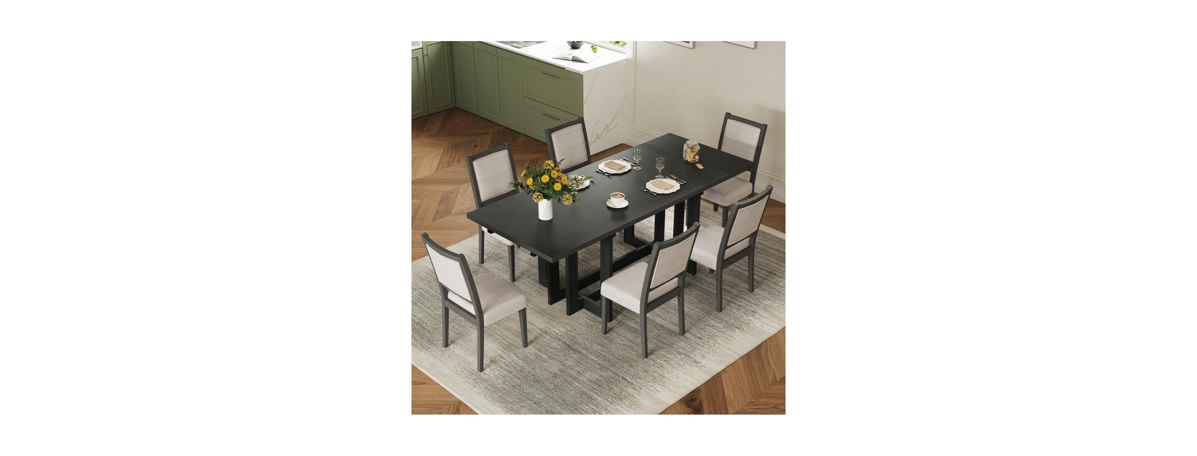 Streamdale Furniture Rustic 82" Extendable Dining Table Set with 6 Upholstered Chairs