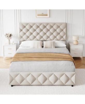 Full Size Bed Frame with 4 Storage Drawers, Linen Upholstered Platform Bed Frame with Adjustable Headboard