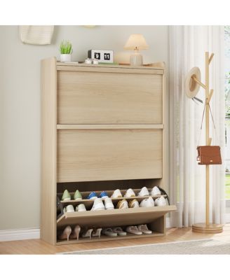 Natural Oak Freestanding Shoe Cabinet - 3 Flip Drawers + Drawer Adjustable Wooden Entryway Organizer