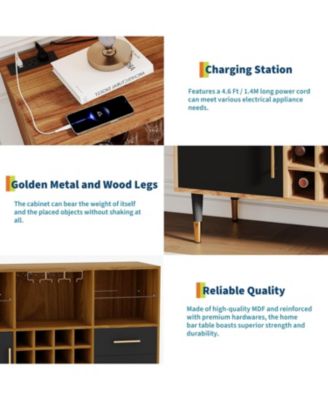 47" Wine Bar Cabinet with LED Lights & Charging Station, Modern Wood Coffee Bar Sideboard with Storage for Living Room & Dining