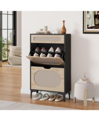 Rattan Shoe Cabinet with 2 Flip Drawers & 1 Pull Out Drawer – Wooden Shoe Storage Cabinet with Adjustable Shelf & Metal Legs