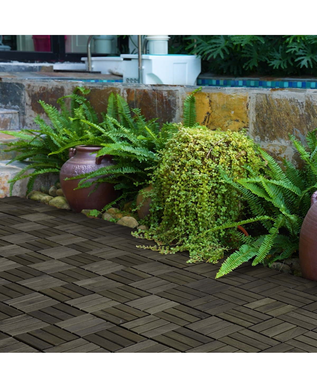 Streamdale Furniture Acacia Wood Interlocking Deck Tiles Checker Pattern, 10PCS 12"x12"