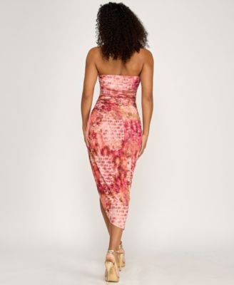 Juniors' Strapless Printed Mesh Midi Dress