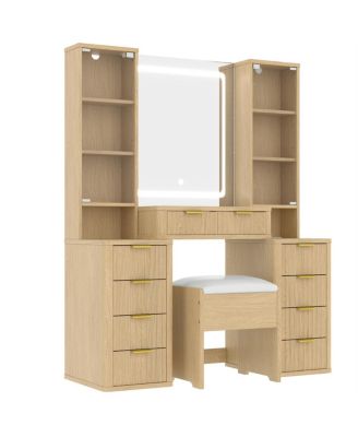 43.5" Fluted Makeup Vanity Desk with Mirror, Lights, 10 Drawers, 2 Cabinets, Stool