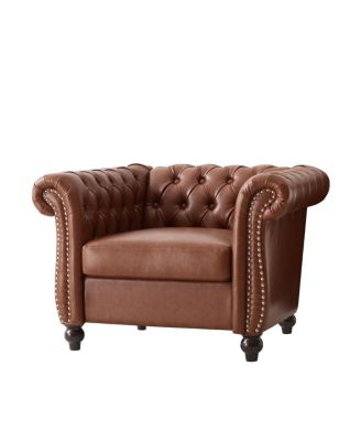 Chesterfield Club Chair with Scrolled Arms, Nailhead Trim, and Solid Wood Legs