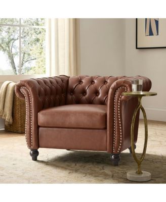 Chesterfield Club Chair with Scrolled Arms, Nailhead Trim, and Solid Wood Legs