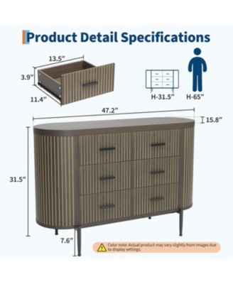 Fluted 6 Drawer Dresser for Bedroom, 59in Large Mid Century Modern Wooden Chest Dresser TV Stand with Curved Profile Design and Gold Handles