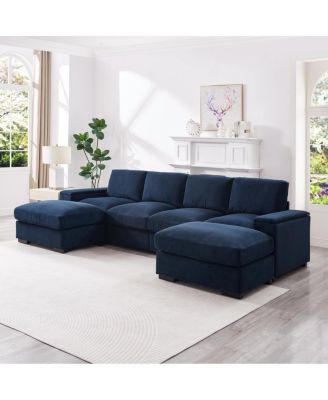 4-Seat Corduroy Sectional Sofa Sleeper Couch with 2 Ottomans