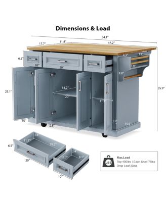  54" Large Kitchen Island with Drop Leaf, Rolling Cart with 4 Doors, 3 Drawers,