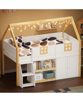 loft bed with Step Staircase, Shelving, Cabinets & LED lights