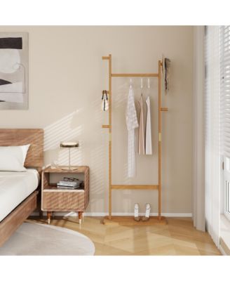 Solid Wood Coat Rack, Freestanding Clothes Organizer with Hanging Rod, Hooks, Storage Stand for Coats and Bags, Perfect for Entryway