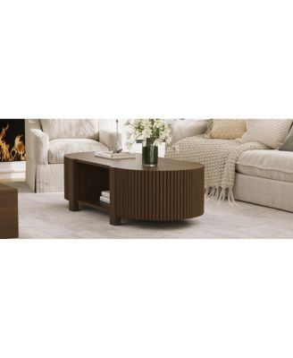  Oval Fluted Coffee Table with Storage, Rubber Solid Wood, Walnut, 47