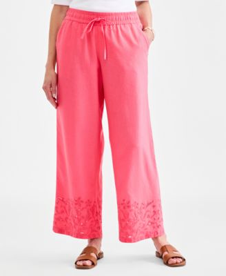 Women's Embroidery Linen Blend Pull-On Pants