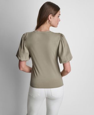 Women's Puffed Crew Neck Mix Media Knit Top