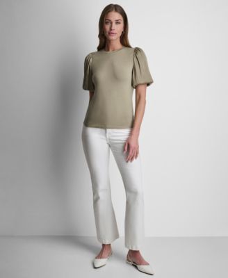 Women's Puffed Crew Neck Mix Media Knit Top