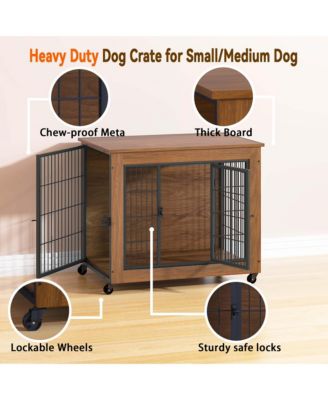 32.5" Dog Crate Furniture End Table with Wheels, 2-Door Heavy Duty Kennel for Small Dogs