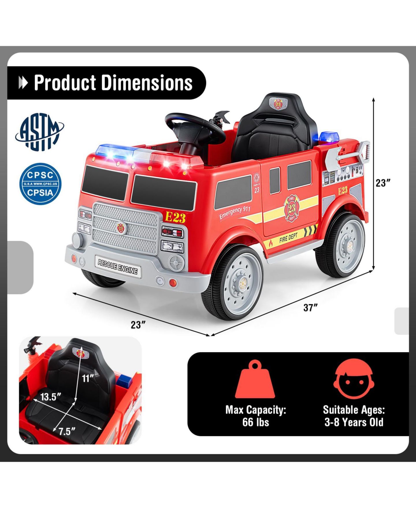 Детская игрушка Mecale Kids Ride-On Fire Truck with Remote Control and Dual Driving Modes, 1-Player, Ages 3-8, цвет: Красный — фото 3