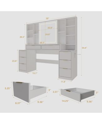  Makeup Vanity Desk with Mirror, Lights & 8 Drawers, 59" Large Table