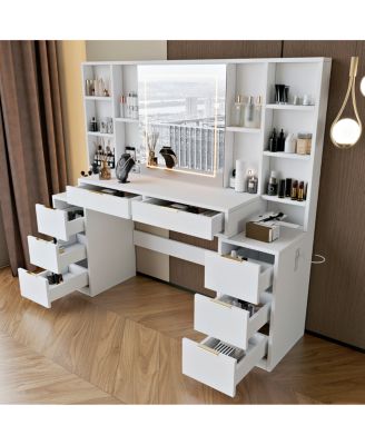  Makeup Vanity Desk with Mirror, Lights & 8 Drawers, 59" Large Table