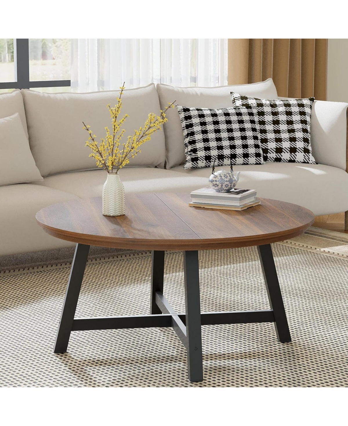 Gaomon Round Coffee Table 36" Center Table,Large Industrial Accent Tables with Adjustable Feet, Living Room Thickened Le