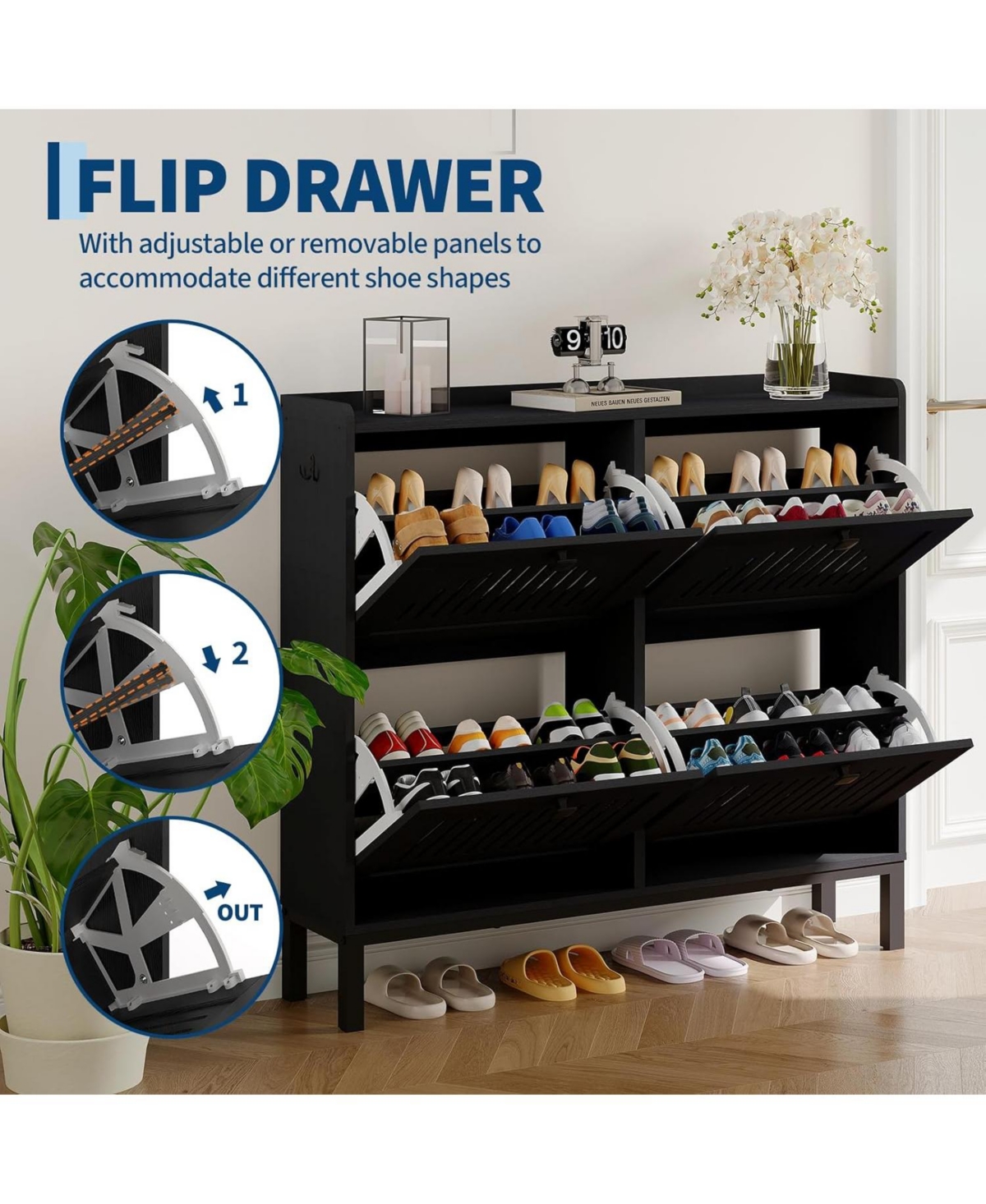gaomon Shoe Cabinet with 4 Flip Drawers, Wooden Organizer with Hollow Panels & Black Handles