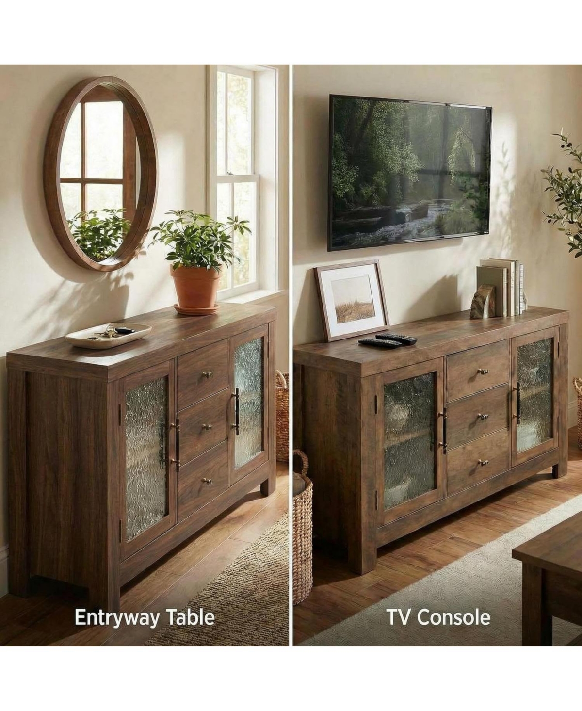 gaomon Buffet Sideboard Cabinet, Wood Storage with 2 Glass Doors & 3 Drawers, Coffee Bar and Tv Stand for Living Room
