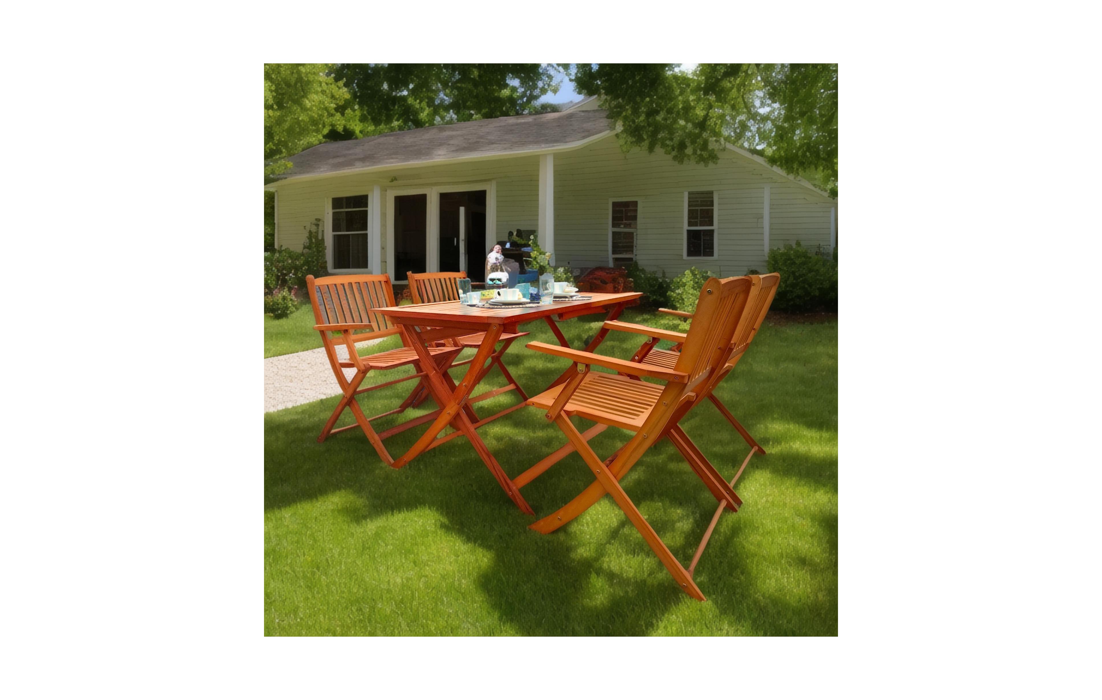 Flynama 5 Piece Foldable Teak Patio Dining Set 4 Folding Chairs and 1 Dining Table Indoor Outdoor Universal Lightweight