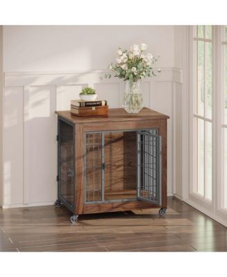 27.2" Dog Crate Furniture End Table with Wheels, 2-Door Heavy Duty Kennel for Small Dogs