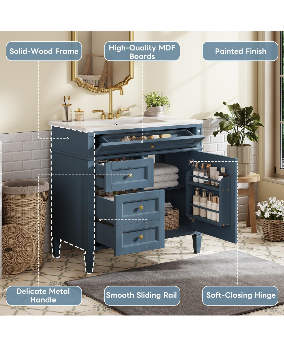 Sillysis 36" Modern Bathroom Vanity with Sink, Solid Wood Cabinet, Soft Close Drawers & Tip-Out Storage