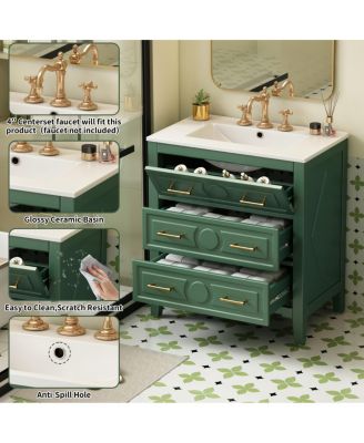 30" Bathroom Vanity with Ceramic Sink, Retro Solid Wood Cabinet & 3 Drawer Storage for Small Spaces