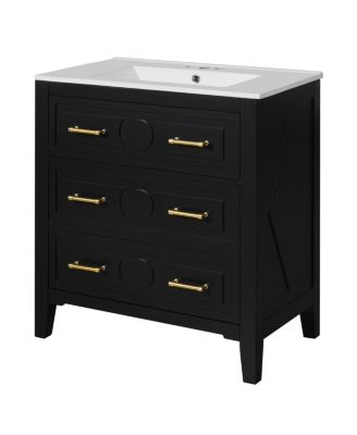 30" Bathroom Vanity with Ceramic Sink, Retro Solid Wood Cabinet & 3 Drawer Storage for Small Spaces