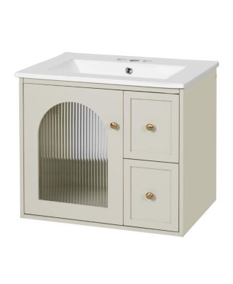 24" Wall Mount Bathroom Vanity with Glass Door, Ceramic Sink & 2 Drawers, Space Saving Storage for Small Bathrooms