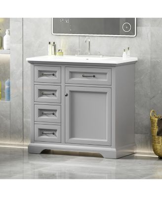 36" Bathroom Vanity with Ceramic Sink, Classic Modern Rubber Wood Cabinet & Ample Drawer Storage for Small Spaces
