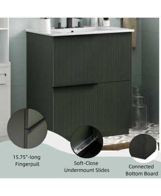 30" Modern Fluted Bathroom Vanity Cabinet with Ceramic Sink, Soft Close Drawers & Storage for Small Bathrooms